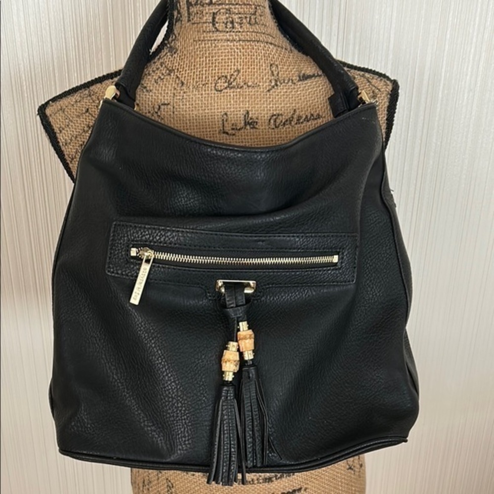 Black Faux Leather Hobo Bag with Tassel Accents